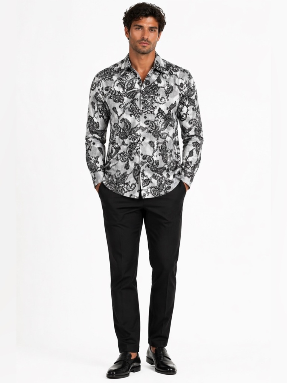 Suslo Couture Black & White Paisley Button-Down Shirt NWOT